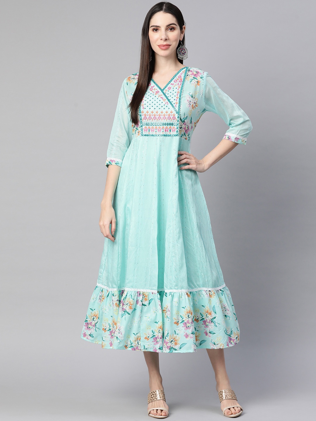 

Readiprint Fashions Blue & Pink Pure Cotton Floral Print Ethnic Gown