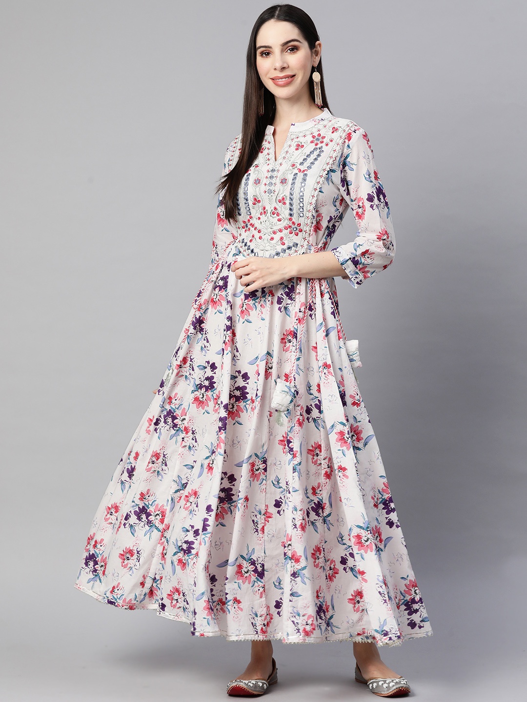 Readiprint White & Pink Floral Ethnic Gown