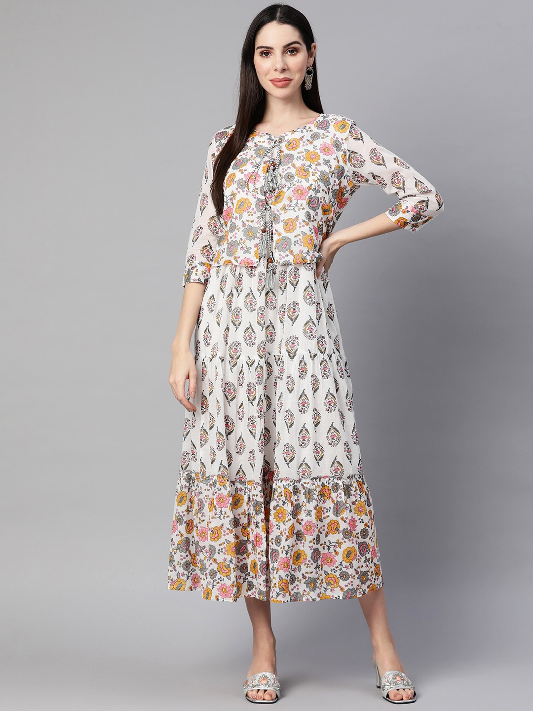 

Readiprint Fashions White & Grey Ethnic Motifs Printed Gown