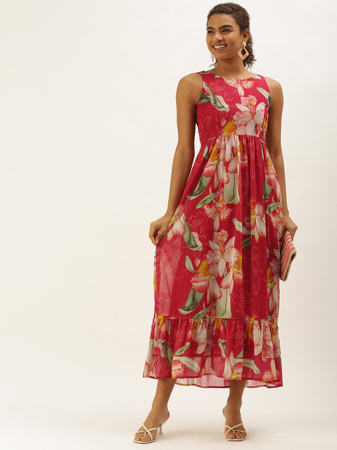 

MELOSO Red & Green Floral Printed Smocked A-Line Maxi Dress