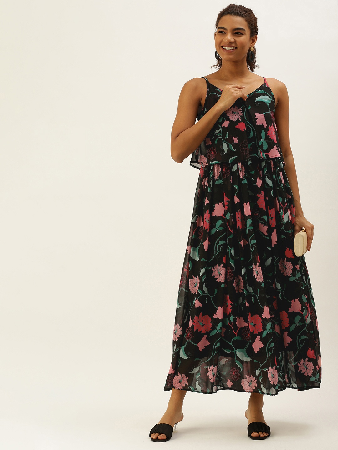 

MELOSO Black & Green Floral Printed Layered Maxi Maxi Dress