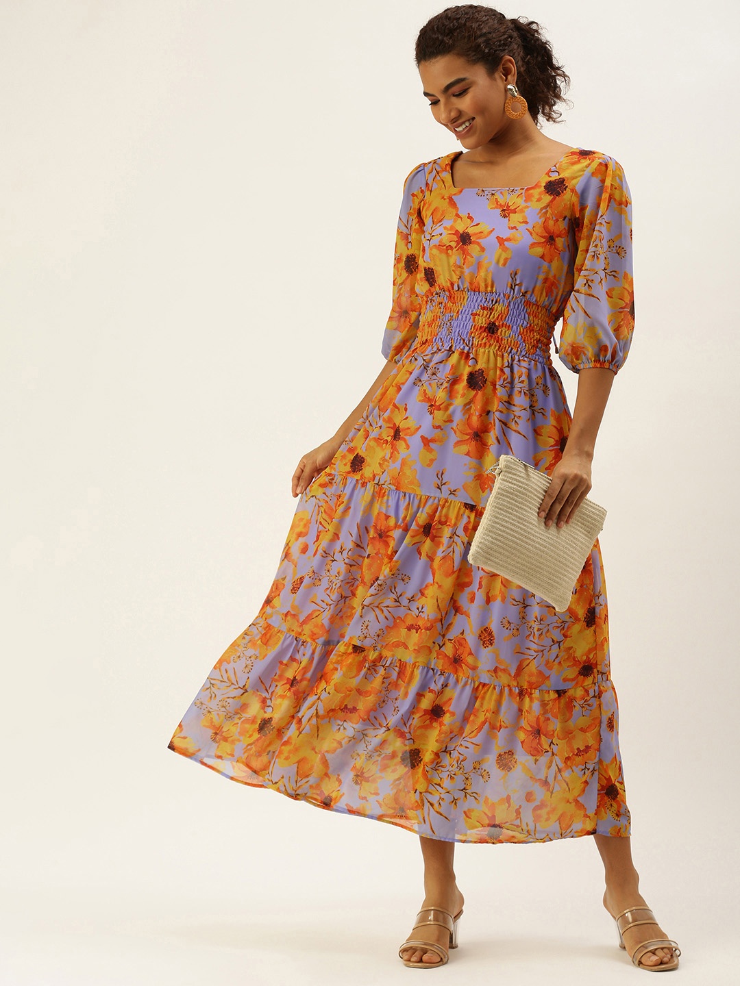 

MELOSO Mustard Yellow & Yellow Floral Printed Smocked Tiered A-Line Maxi Dress