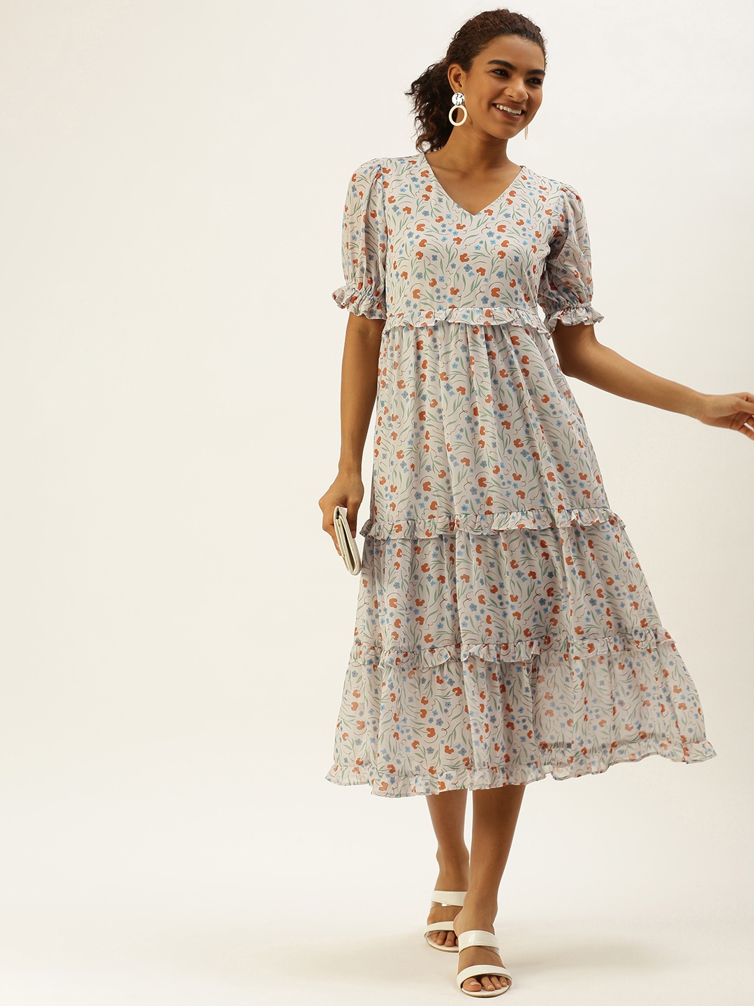

MELOSO White & Red Floral Printed Tiered Smocked A-Line Midi Dress