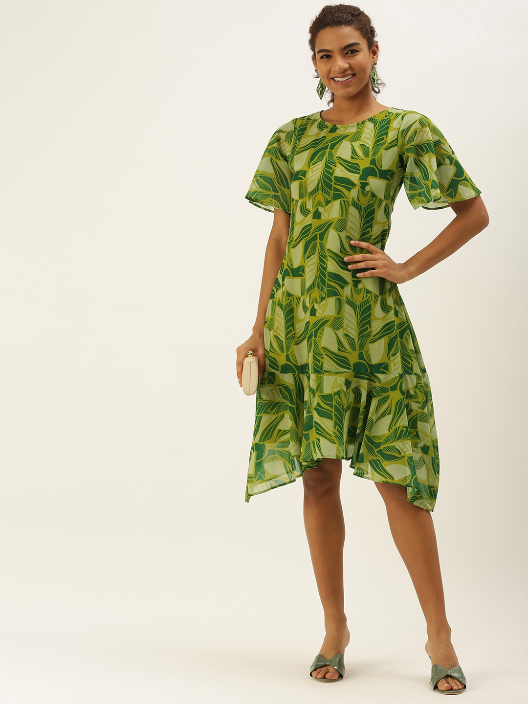 

MELOSO Green Tropical Printed A-Line Midi Dress