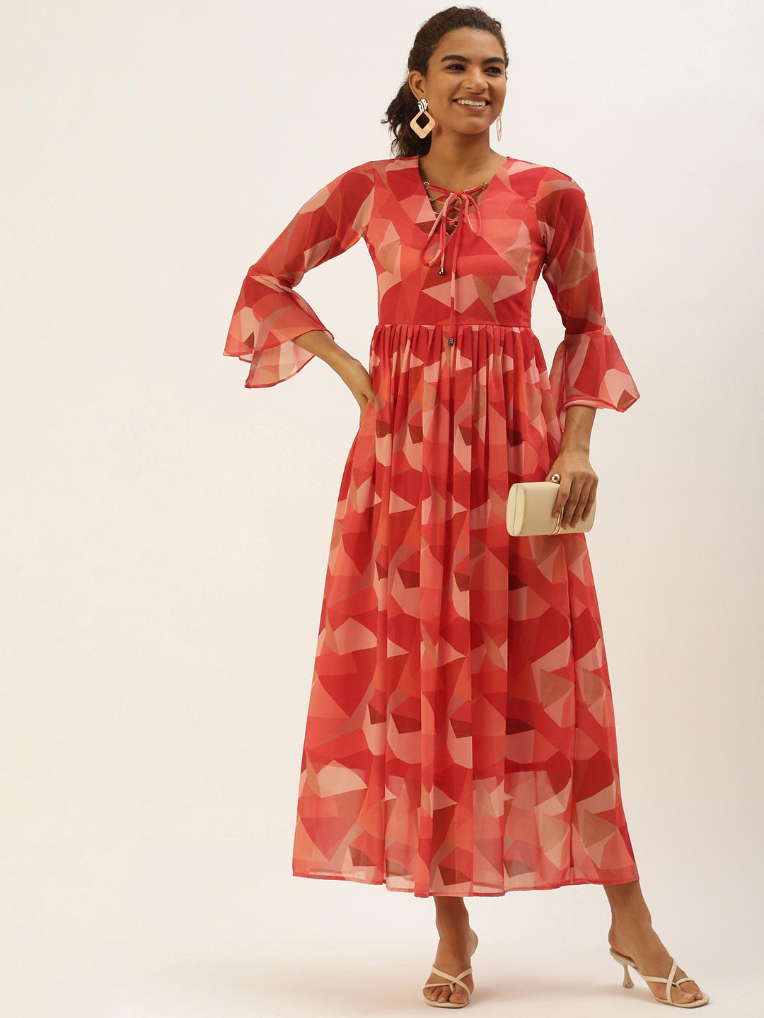 

MELOSO Red & Peach-Coloured Geometric Print A-Line Maxi Dress