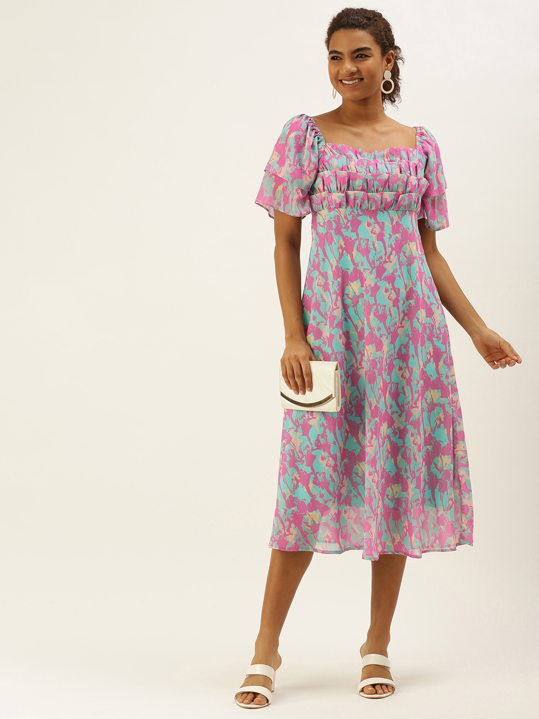 

MELOSO Blue & Pink Abstract Print Ruffle A-Line Midi Dress