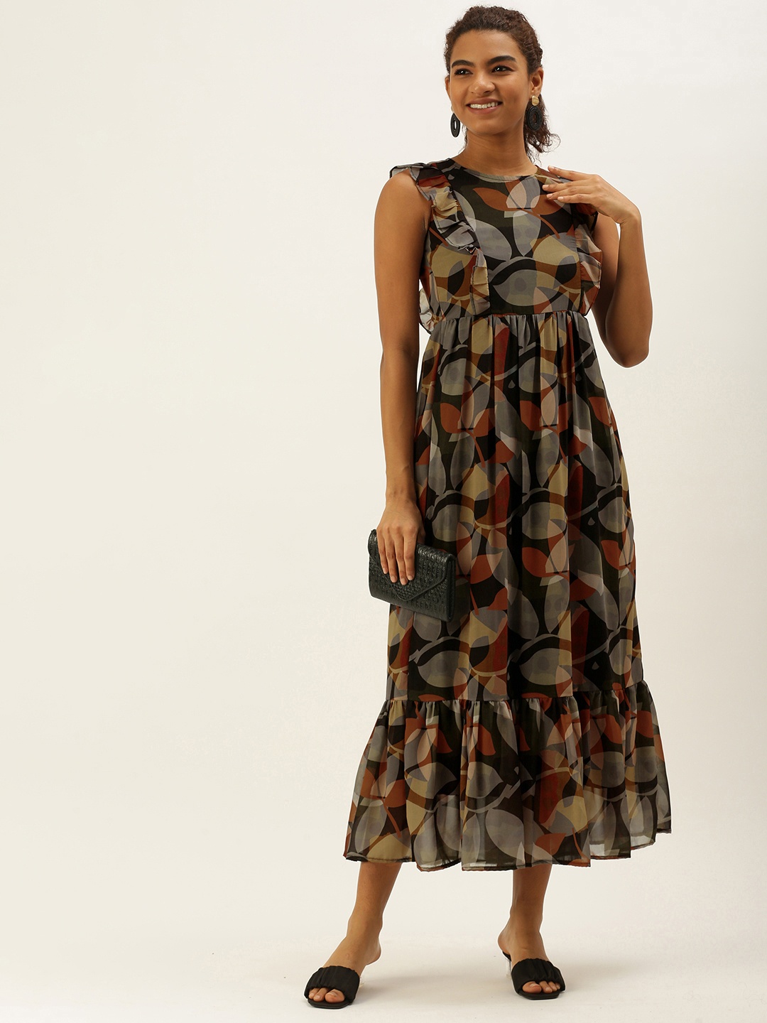 

MELOSO Black & Brown Floral Ruffle Maxi Dress
