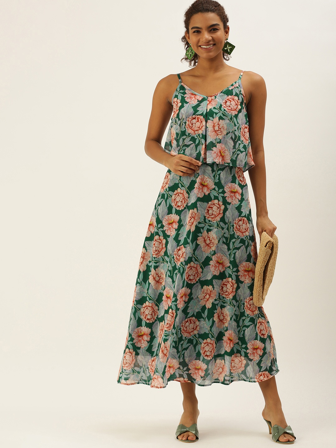 

MELOSO Green & Pink Floral Printed Layered A-Line Maxi Dress