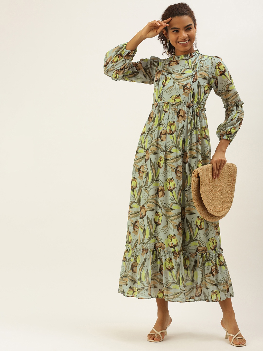

MELOSO Grey & Blue Floral Printed Ruffle A-Line Maxi Dress