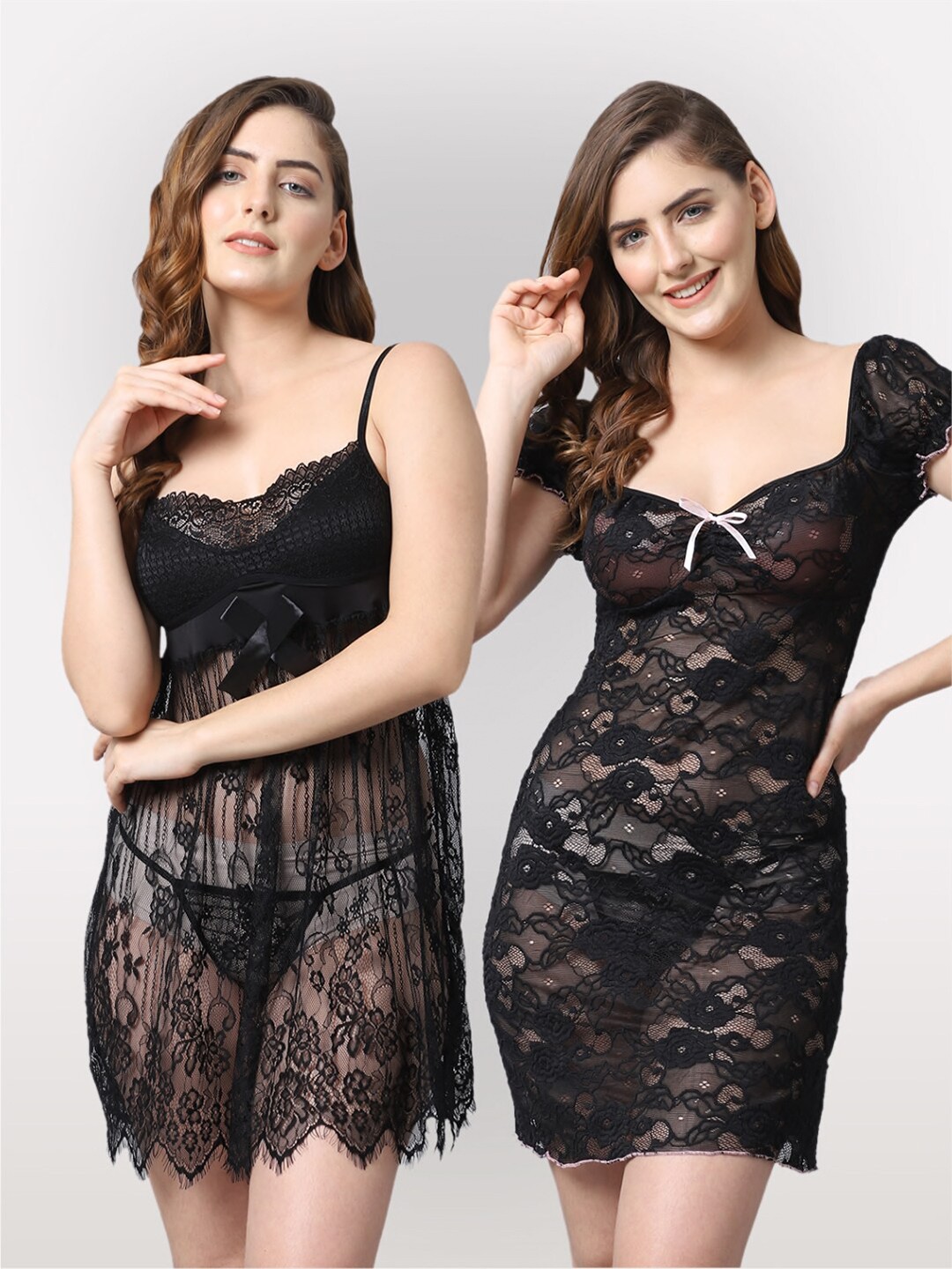 

Shararat Women Pack Of 2 Black Lace Baby Dolls