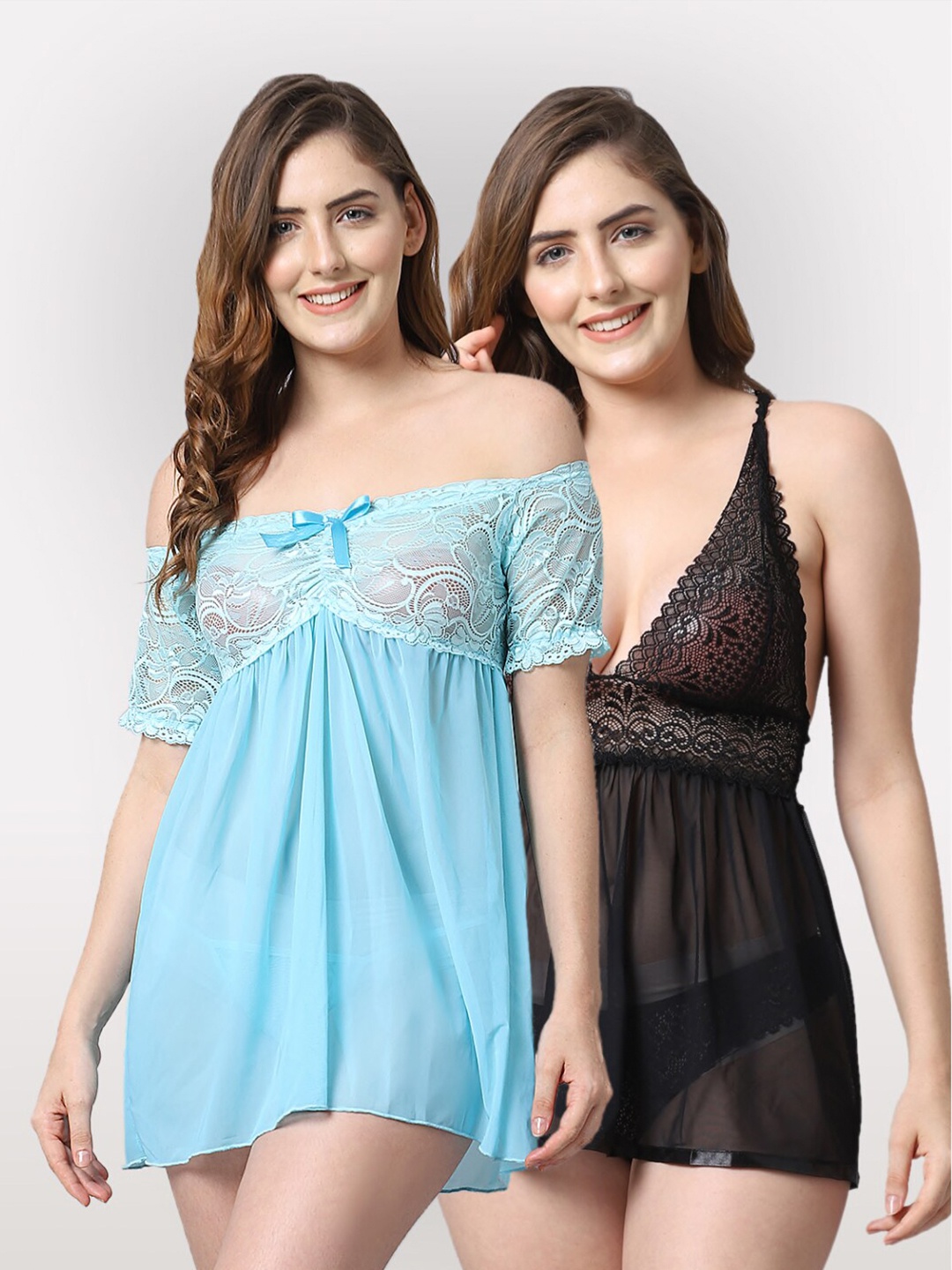 

Shararat Women Set Of 2 Blue & Black Lace Baby Dolls