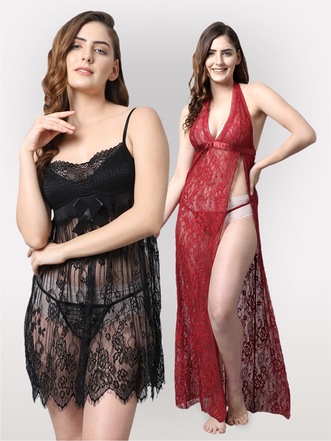 

Shararat Pack Of 2 Black & Maroon Lace Baby Doll