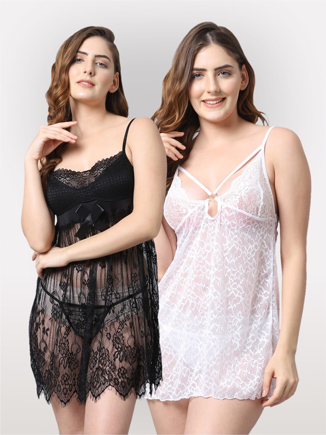 

Shararat Pack Of 2 White & Black Lace Baby Doll