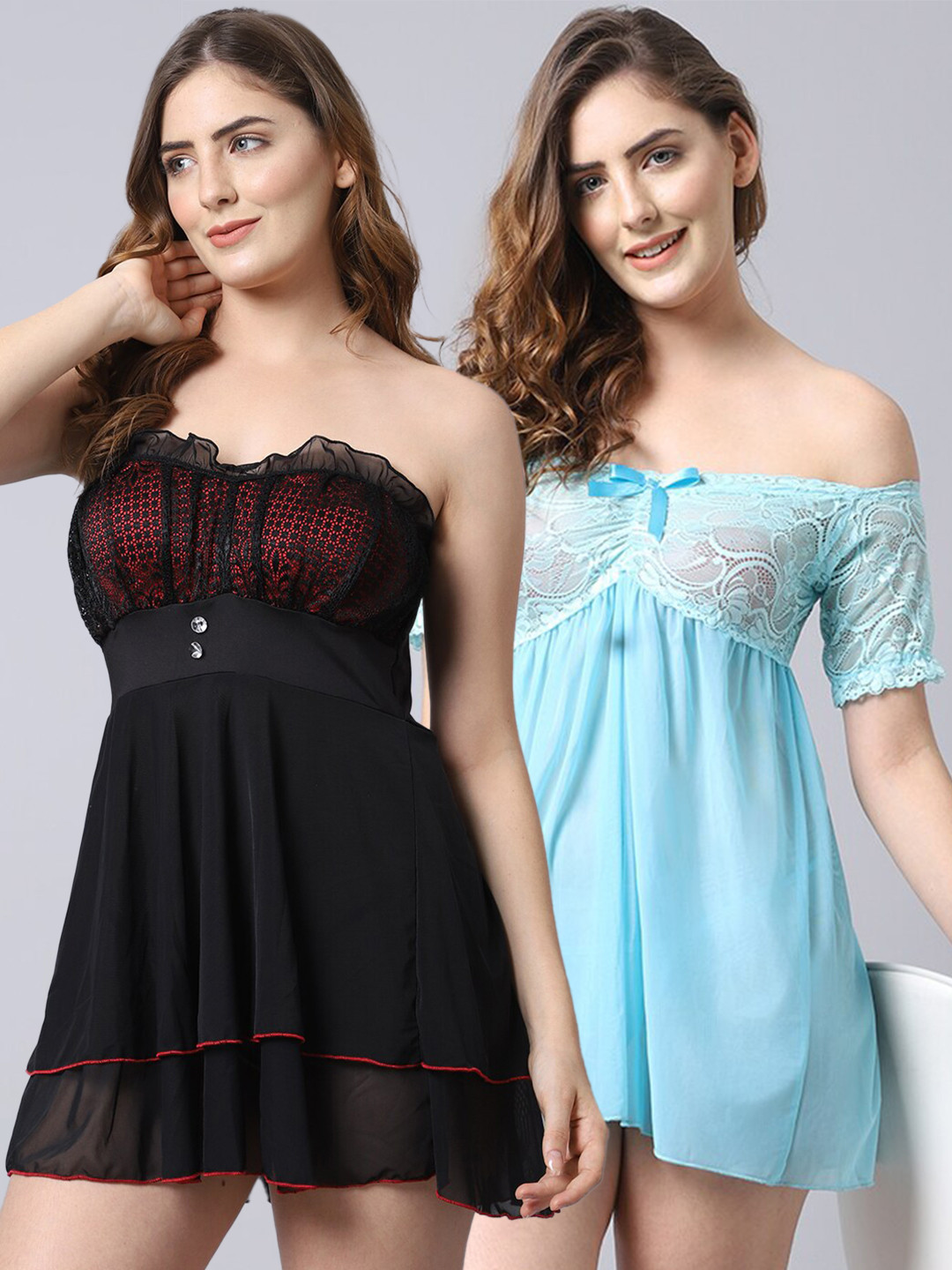 

Shararat Pack Of 2 Black & Blue Strapless Lace Baby Doll