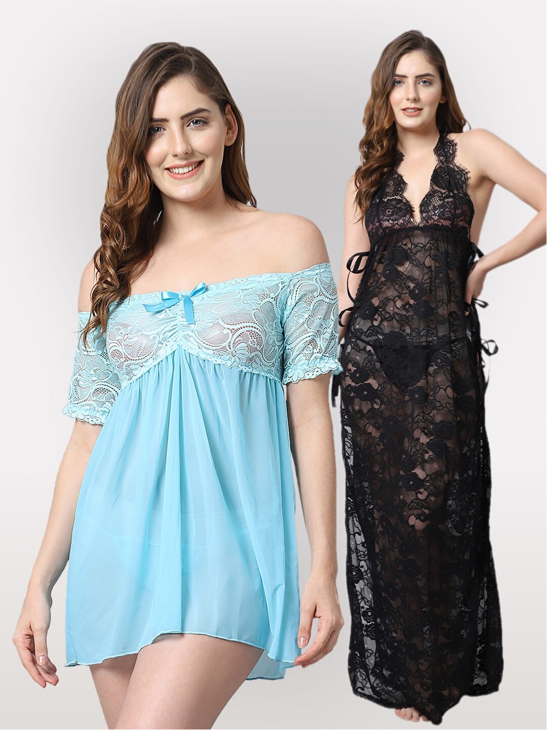 

Shararat Pack Of 2 Black & Blue Lace Baby Doll