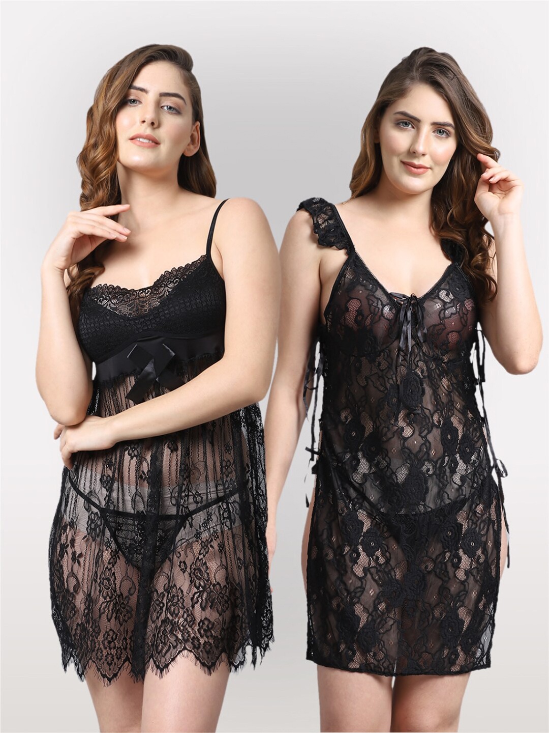 

Shararat Women Set Of 2 Lace Baby Dolls, Black