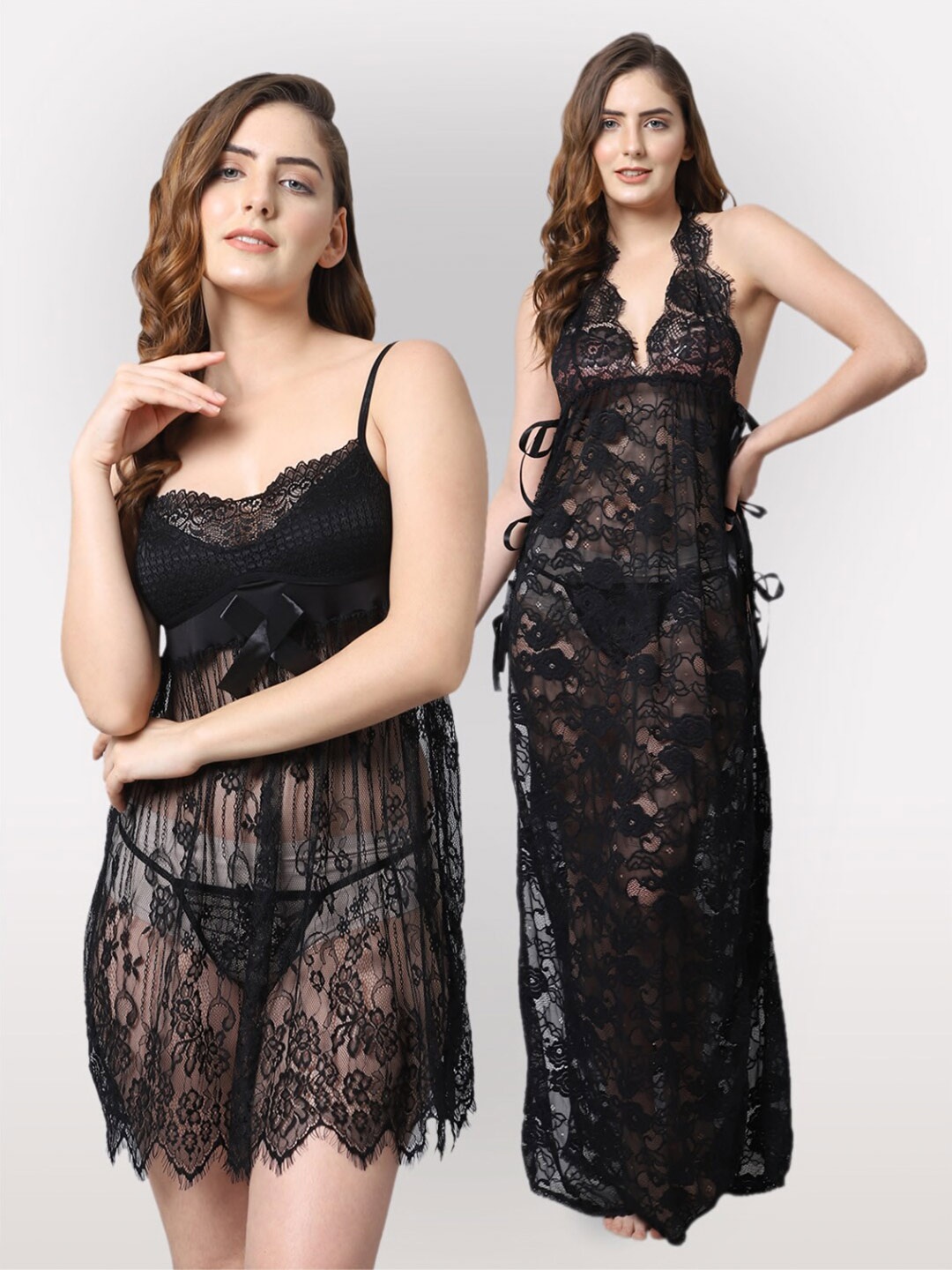 

Shararat Women Set Of 2 Lace Baby Dolls, Black