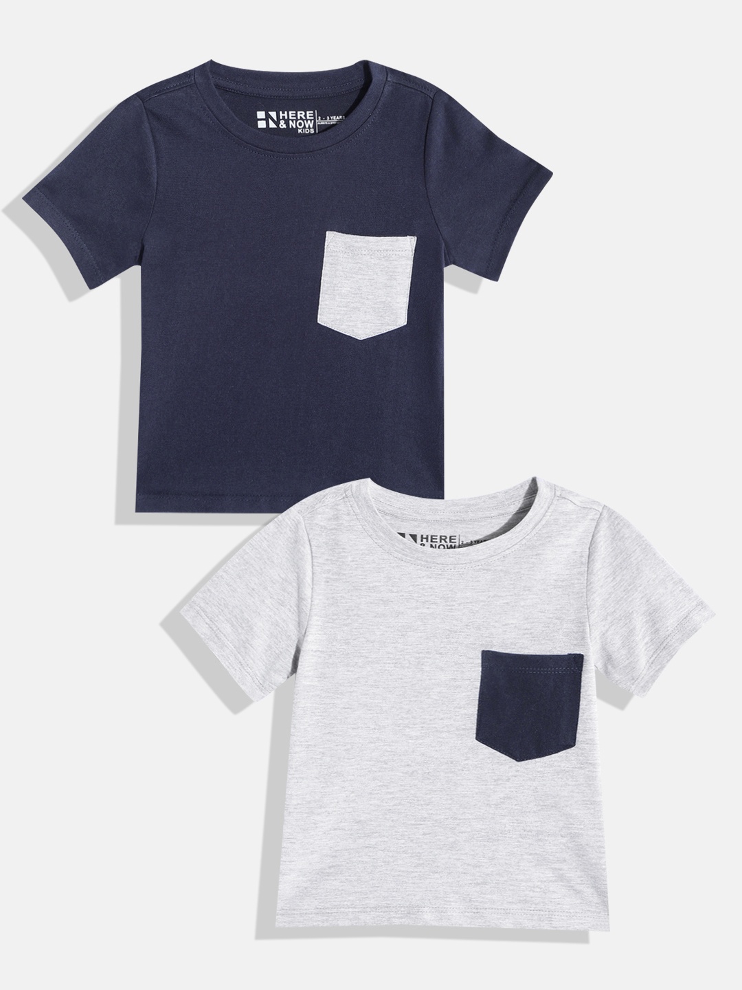 

HERE&NOW Boys Navy Blue & Grey Set of 2 Cotton T-shirt