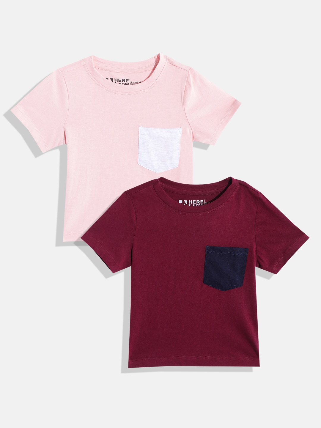 

HERE&NOW Boys Pink & Maroon Set of 2 Pure Cotton T-shirt