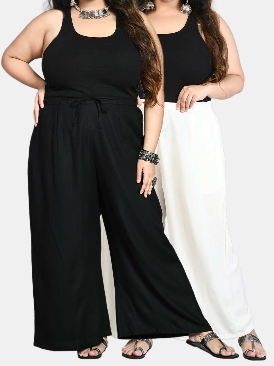 

PrettyPlus by Desinoor com Women Plus Size Pack Of 2 Black & White Solid Palazzos
