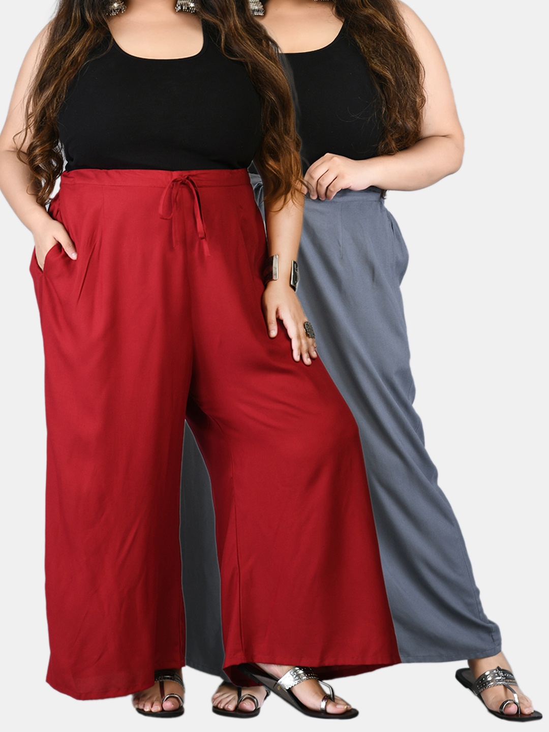 

PrettyPlus by Desinoor com Women Plus Size Pack Of 2 Maroon & Grey Solid Palazzos