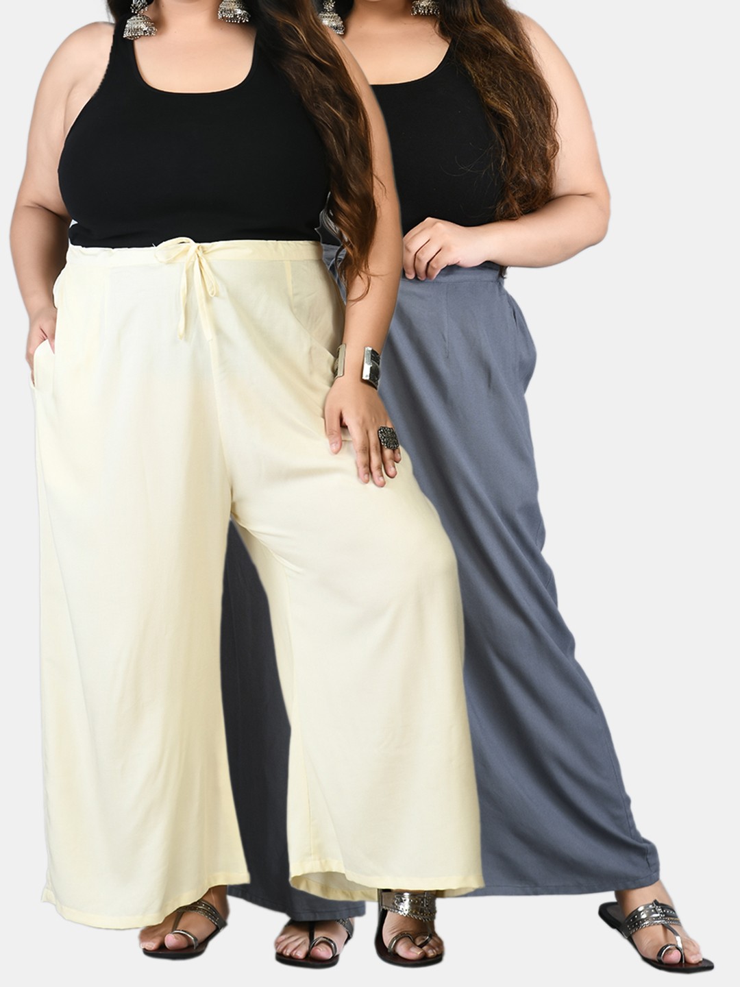 

PrettyPlus by Desinoor.com Women Plus Size Pack Of 2 Grey & Off White Solid Palazzos