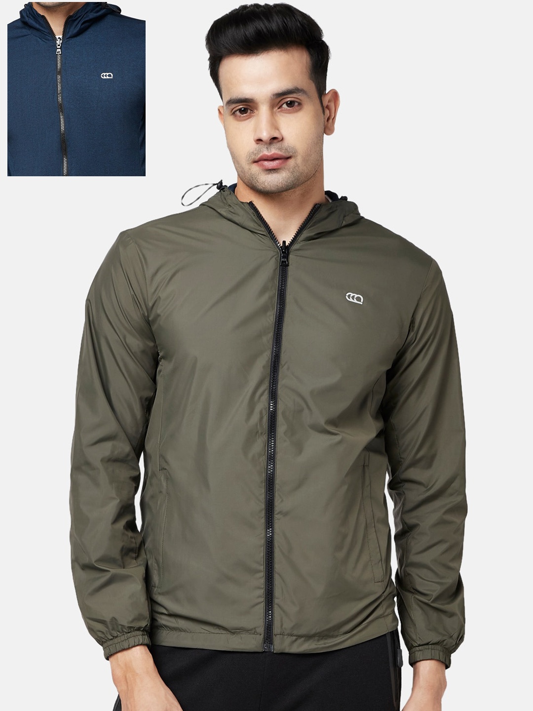 

Ajile by Pantaloons Men Olive Green & Navy Blue Reversible Bomber Jacket