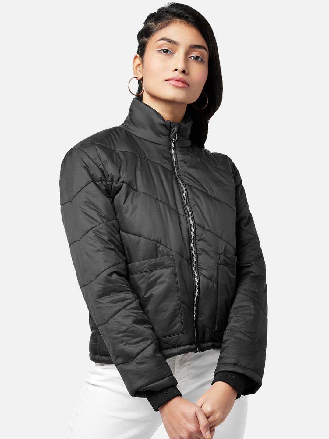 

Honey by Pantaloons Women Black Stand Collar Crop Puffer Jacket