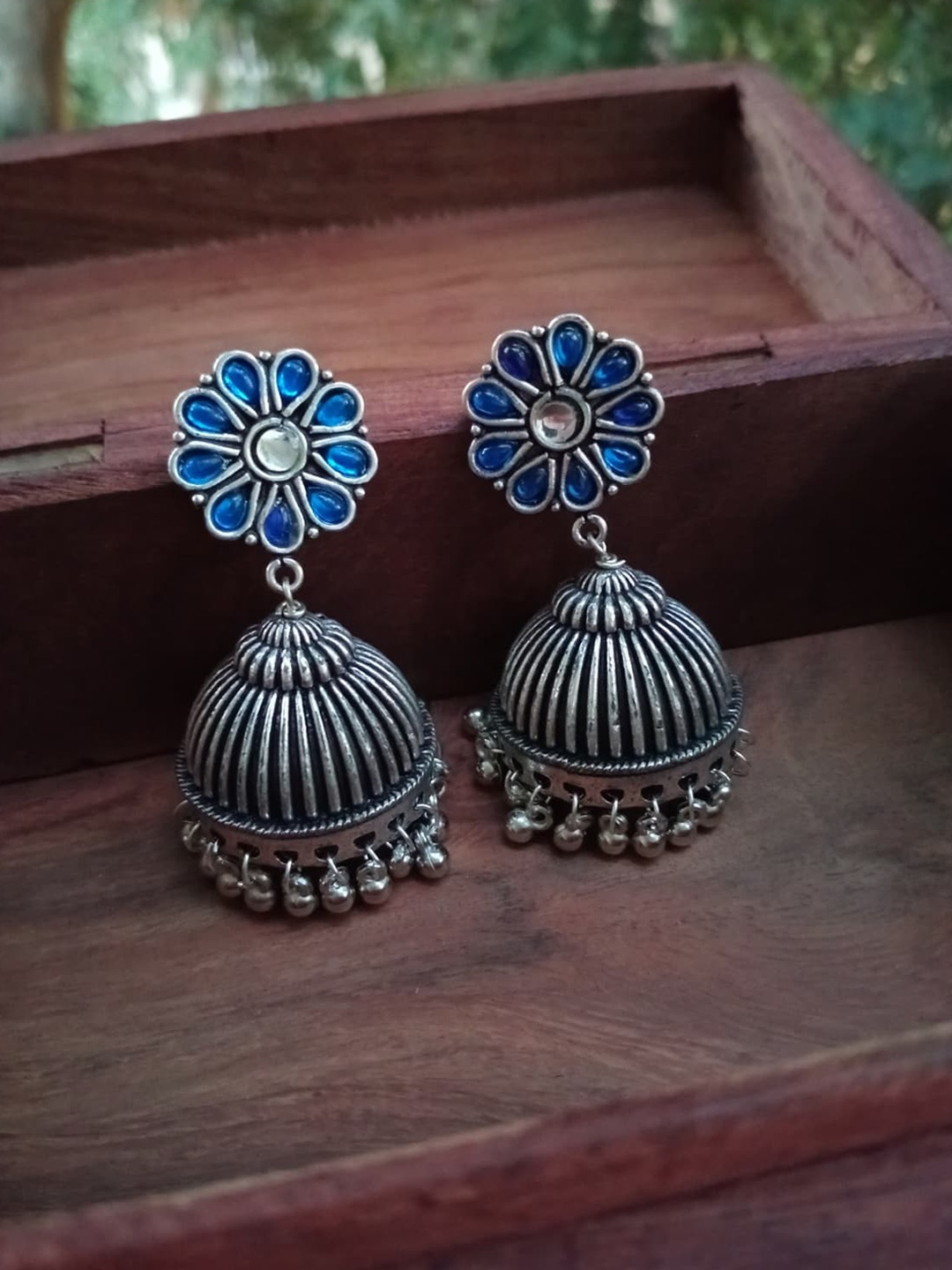 

FIROZA Blue & Black Floral Jhumkas Earrings