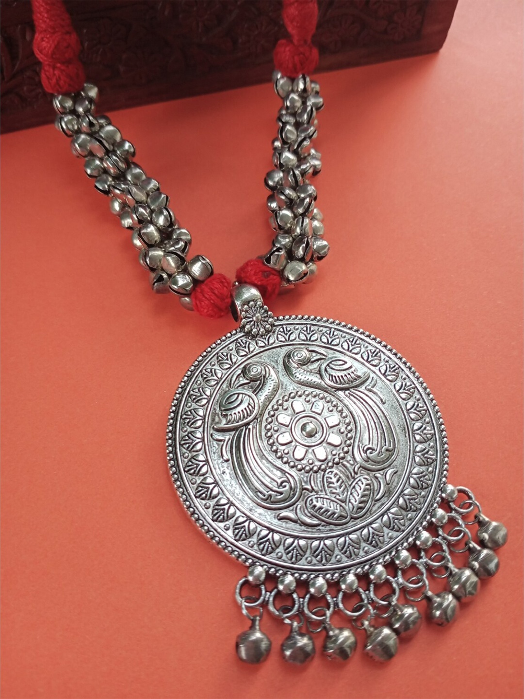 

FIROZA Silver-Toned & Red Brass Oxidised Statement Necklace