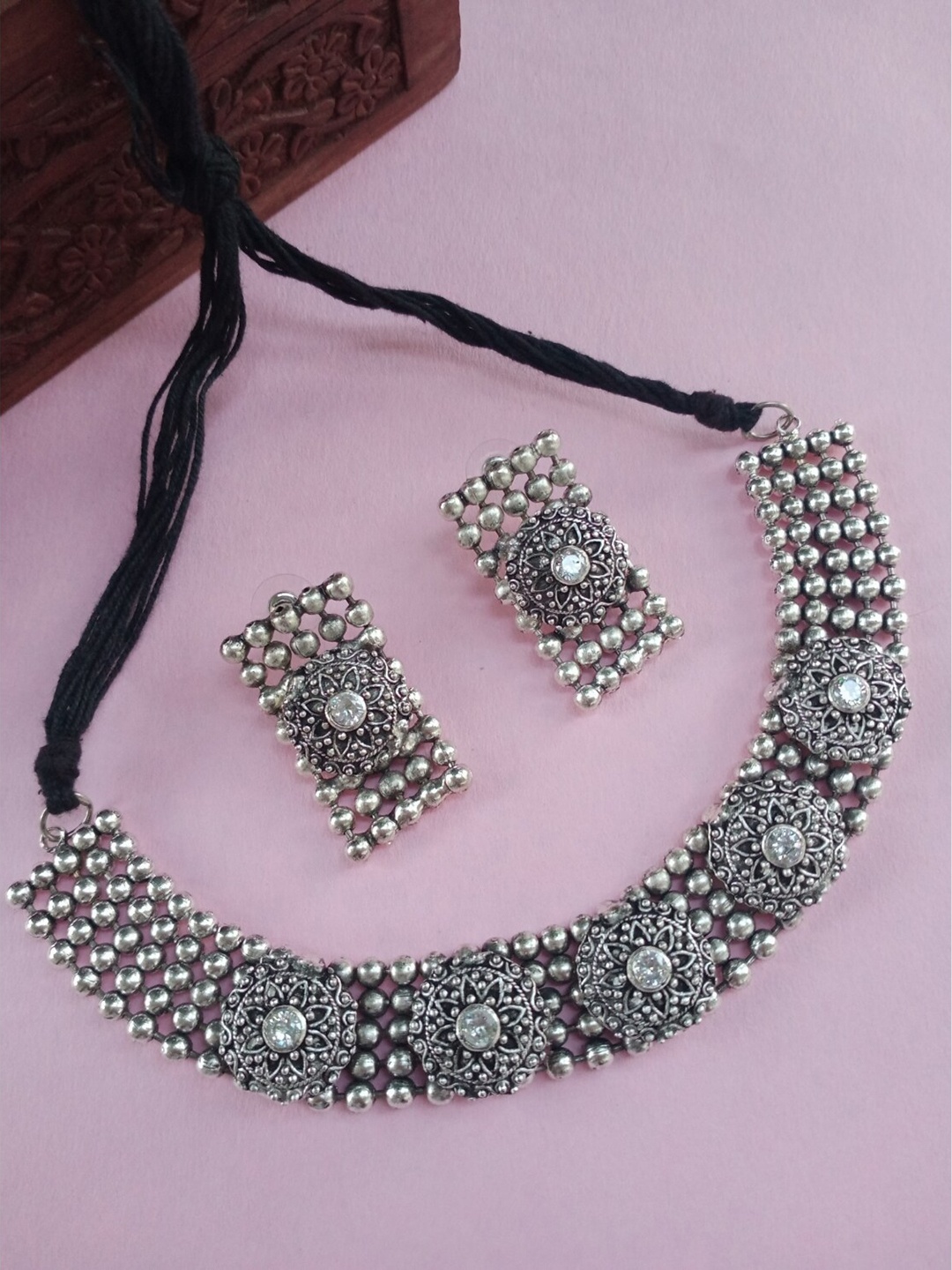 

FIROZA Oxidised Silver-Toned Stone Studded & Breaded Jewellery Set