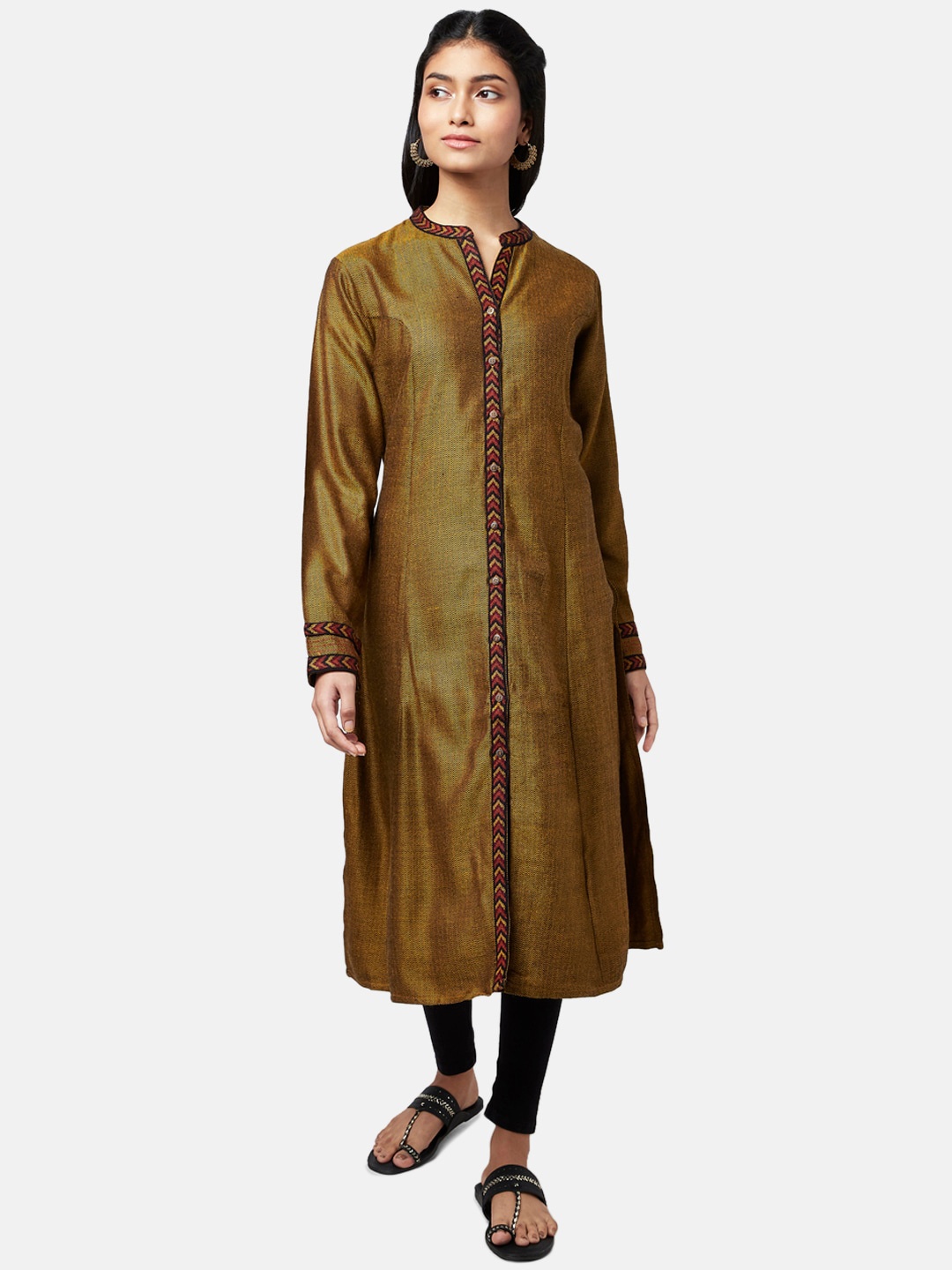 

RANGMANCH BY PANTALOONS Women Mustard Yellow & Black Woven Design Acrylic Kurta