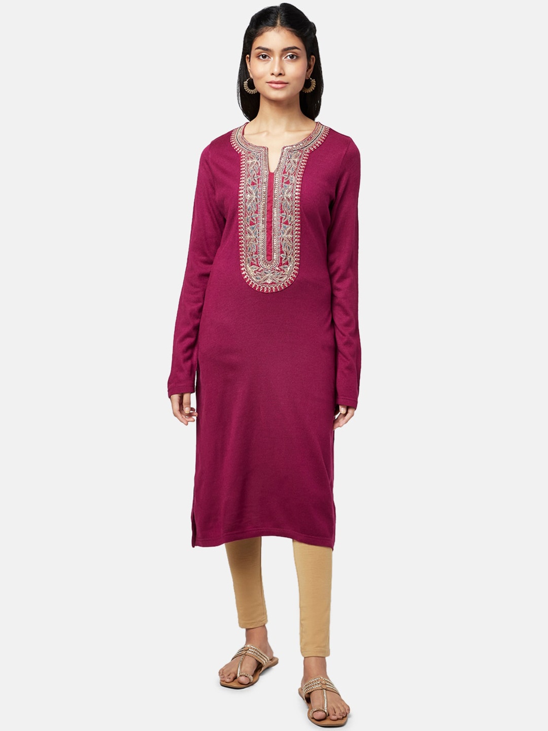 

RANGMANCH BY PANTALOONS Women Fuchsia & Gold Motifs Yoke Design Acrylic Straight Kurta