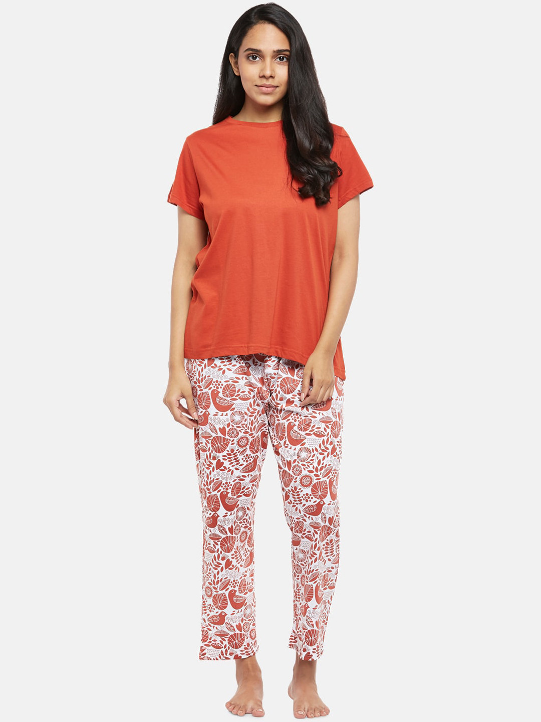 

People Women Orange & White Solid Night suit