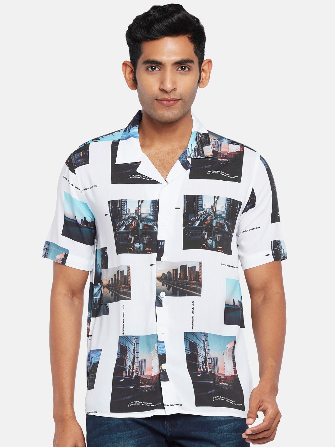 

People Men White Slim Fit Printed Casual Shirt