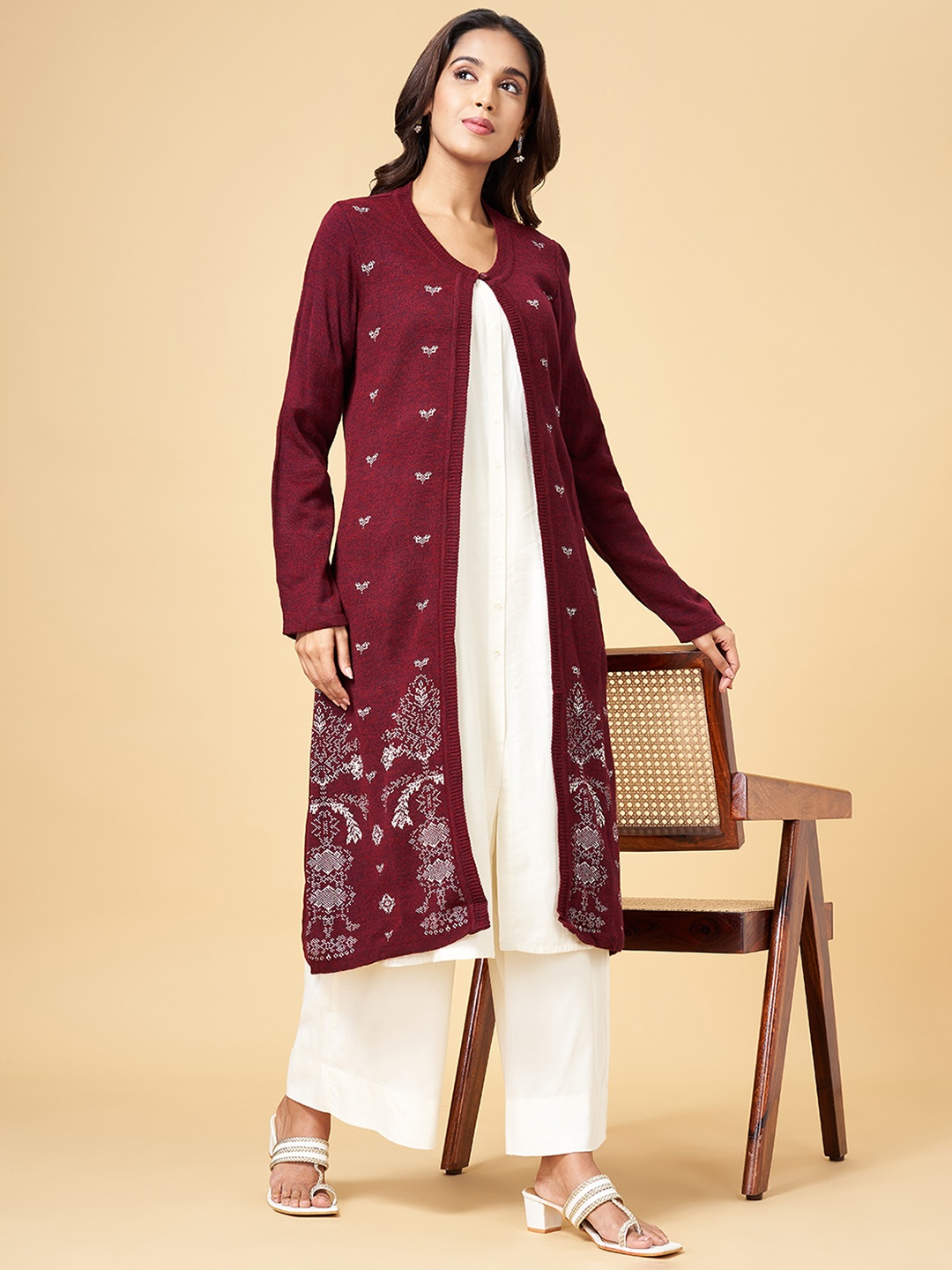 

RANGMANCH BY PANTALOONS Women Maroon & White Longline Button Shrug