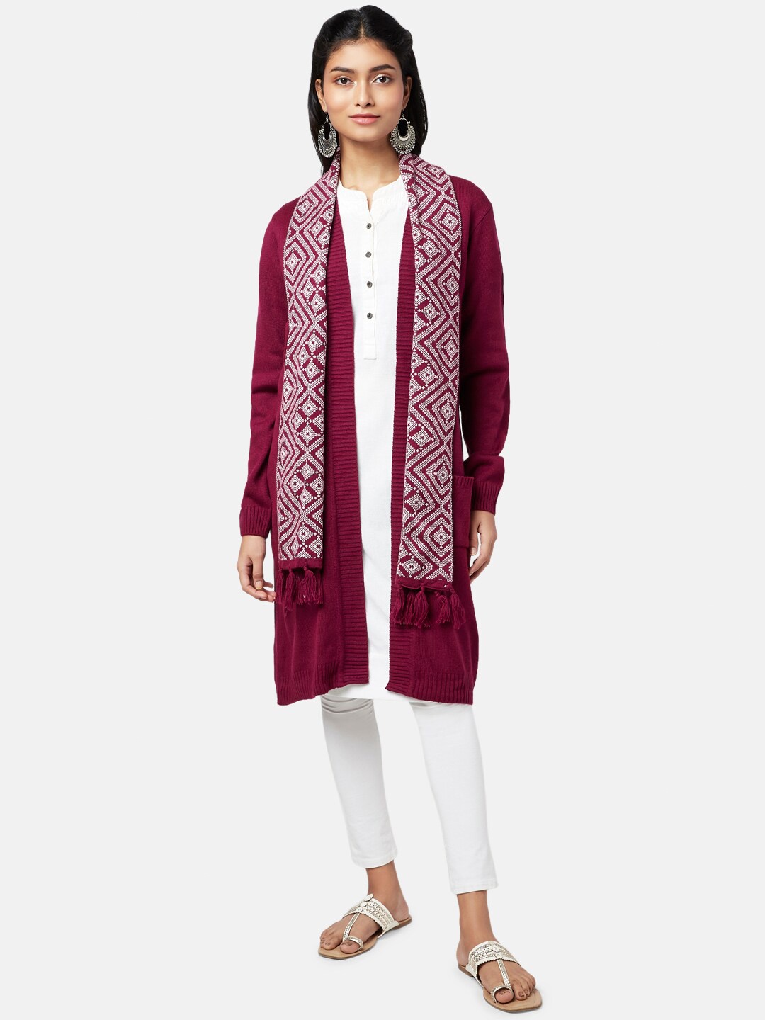 

RANGMANCH BY PANTALOONS Women Red & White Longline Shrug With Stole