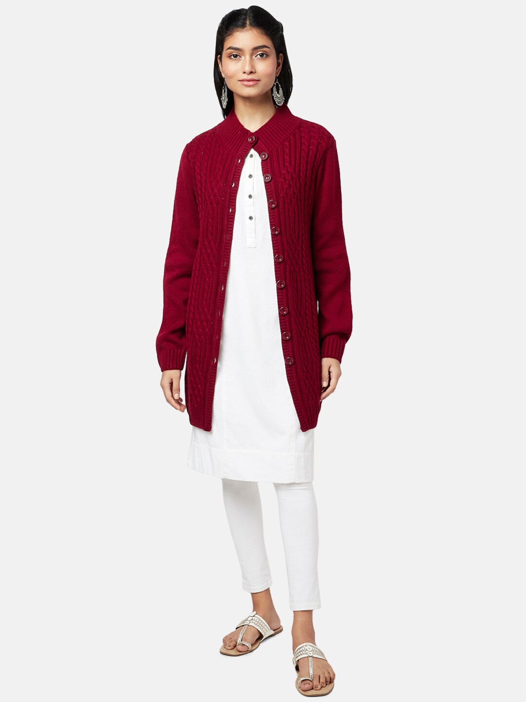 

RANGMANCH BY PANTALOONS Women Red Cable Knit Cardigan