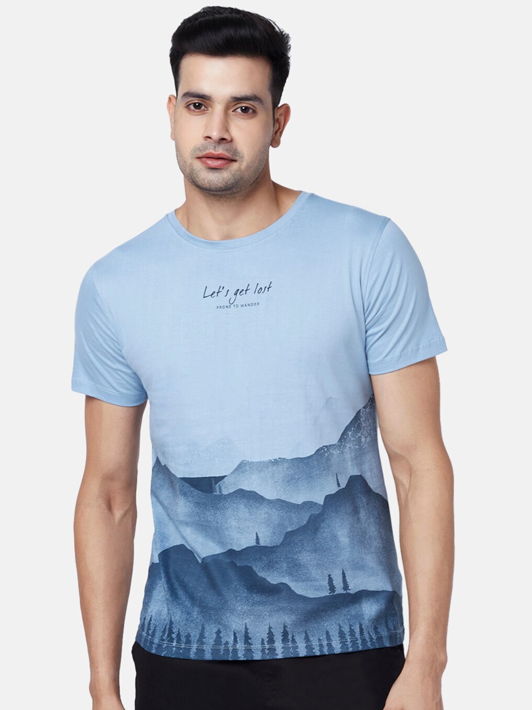 

Urban Ranger by pantaloons Men Blue Printed Slim Fit Cotton T-shirt