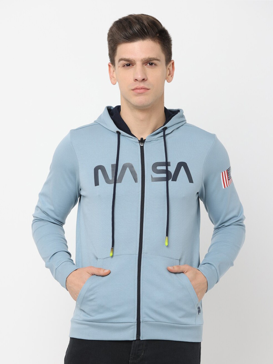 

POLONIUM Men Blue Printed Hooded Sweatshirt