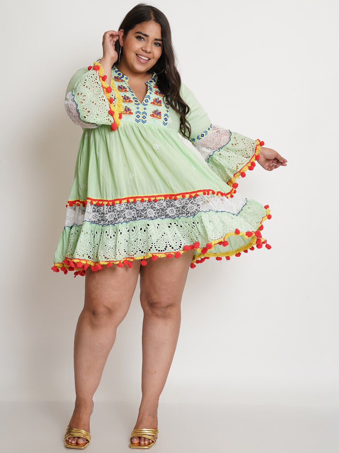 

IX IMPRESSION Green Bohemian A-Line Cotton Dress