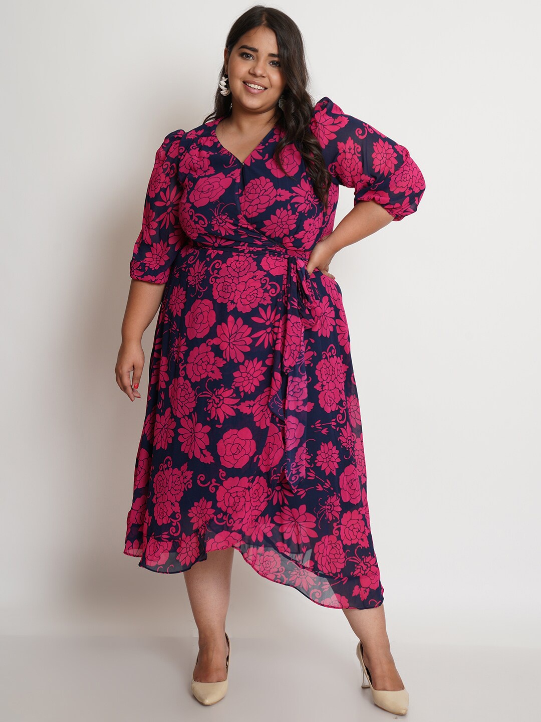 

IX IMPRESSION Women Navy Blue & Pink Floral A-Line Midi Dress