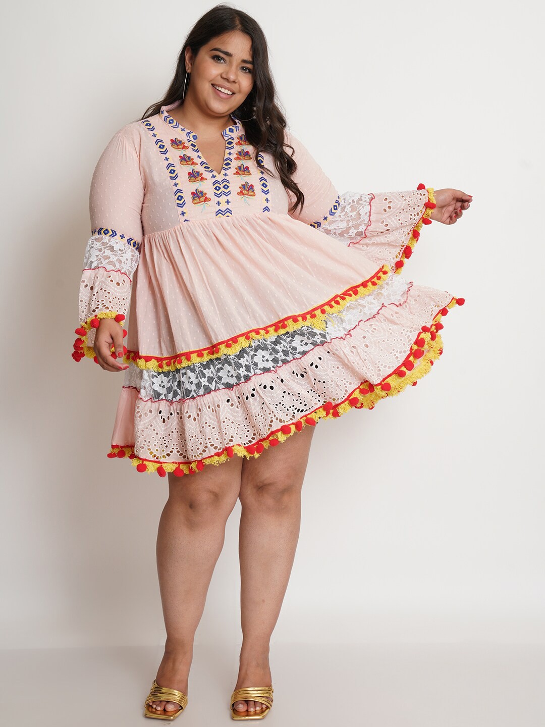 

IX IMPRESSION Peach Bohemian Fit & Flare Cotton Dress