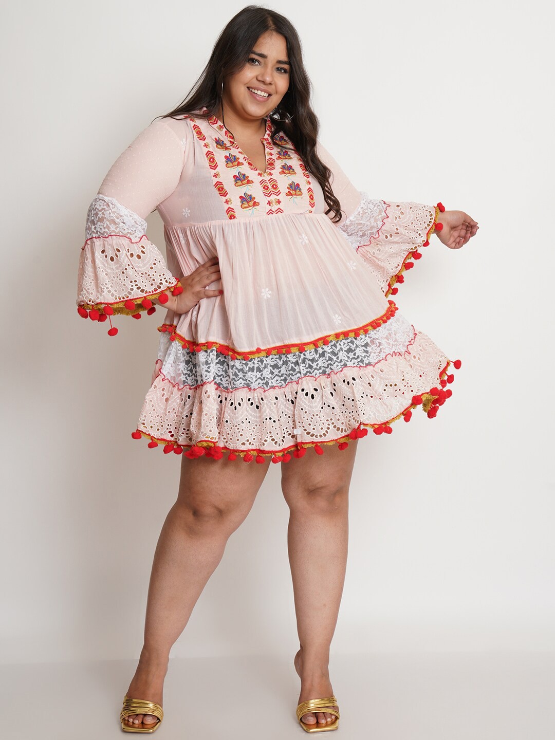

IX IMPRESSION Women Peach Bohemian Embellished Cotton Dress
