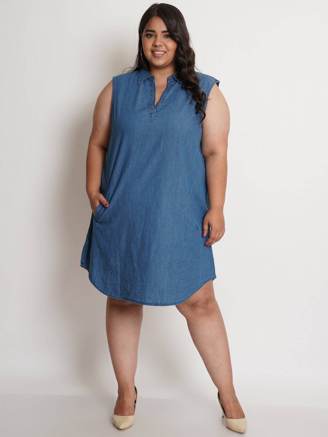 

IX IMPRESSION Women Blue Denim A-Line Cotton Dress