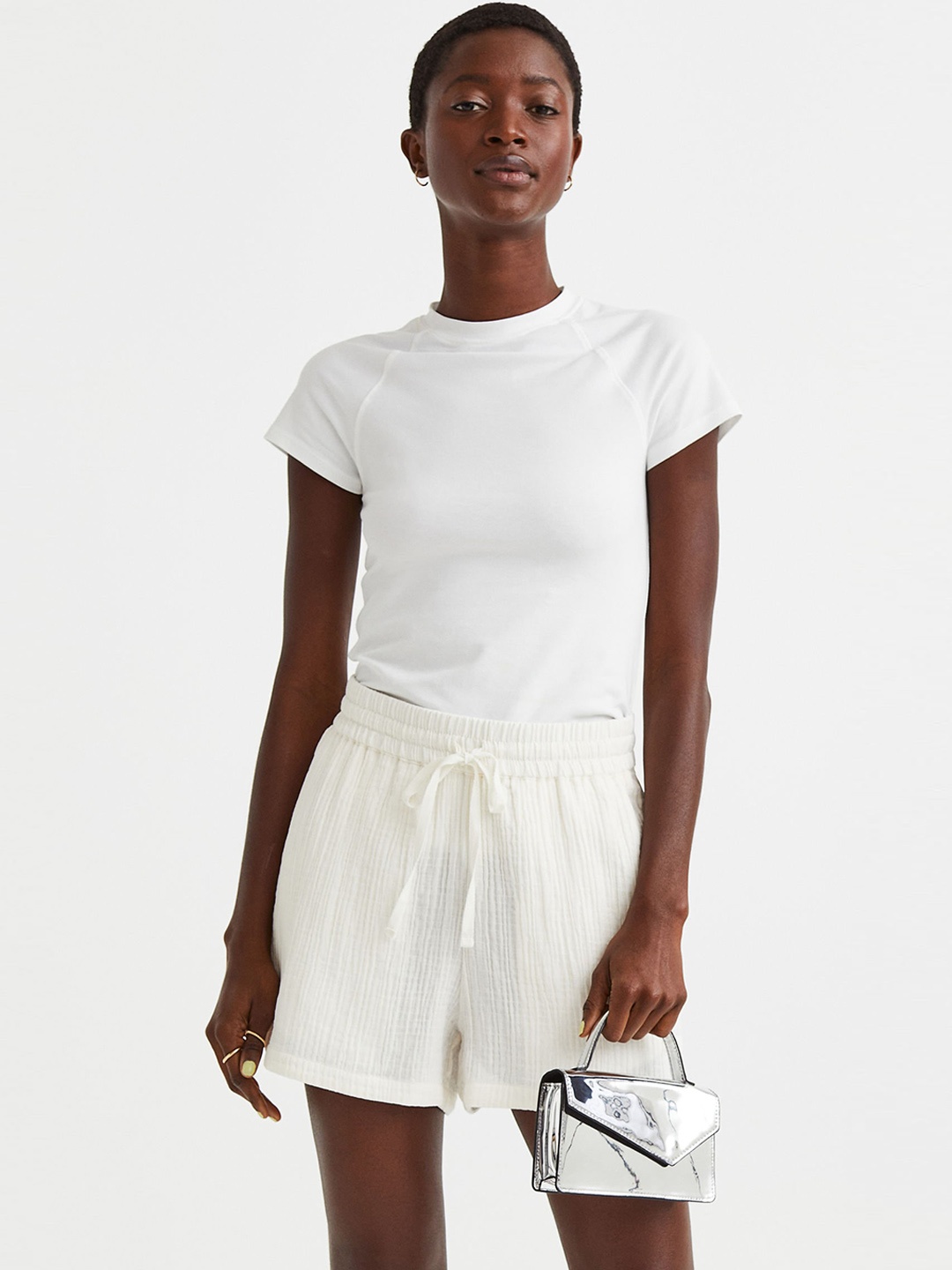 

H&M Women White Crinkled Cotton Shorts