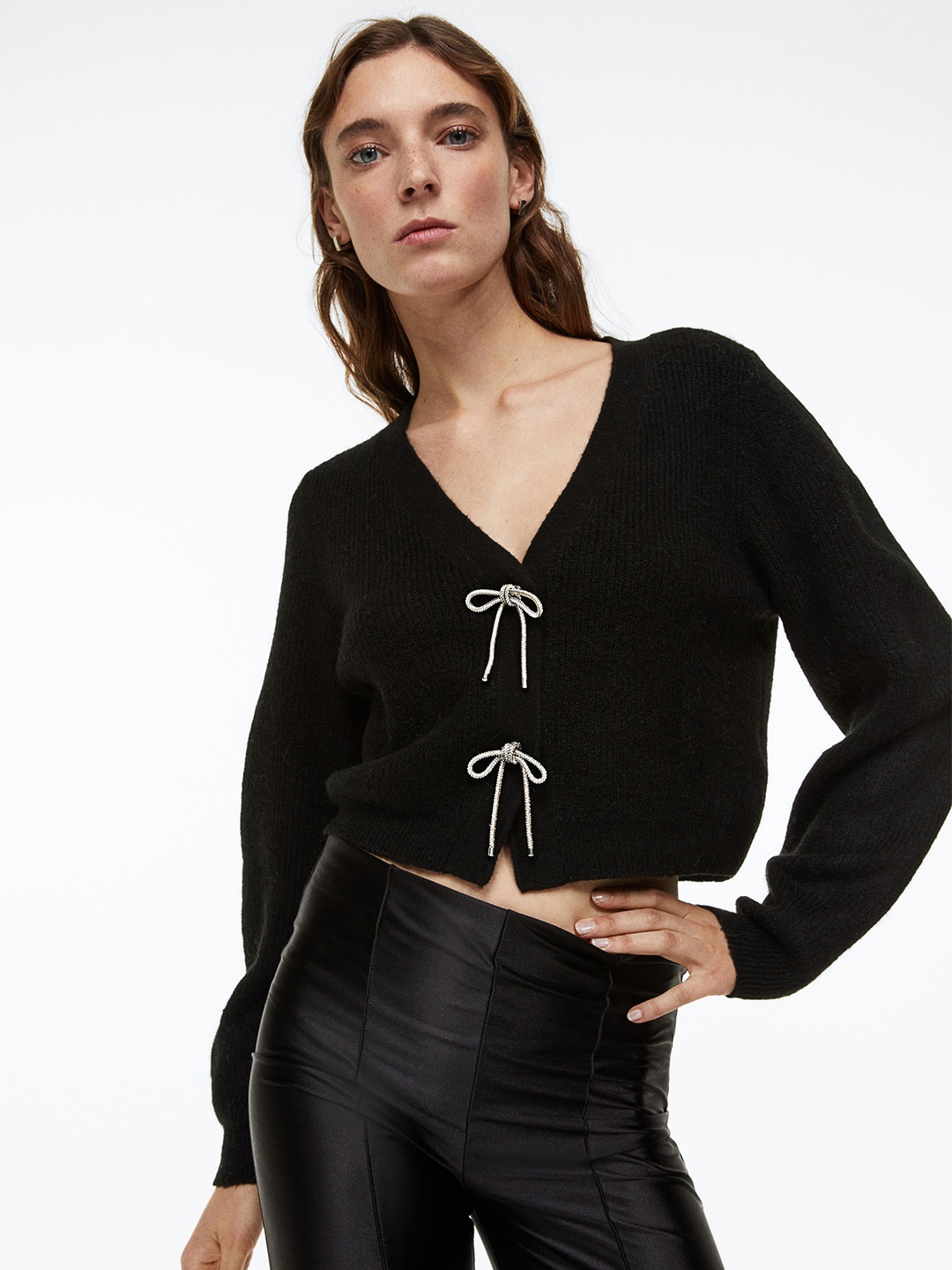 

H&M Women Black Rhinestone-Bow Rib-Knit Cardigan