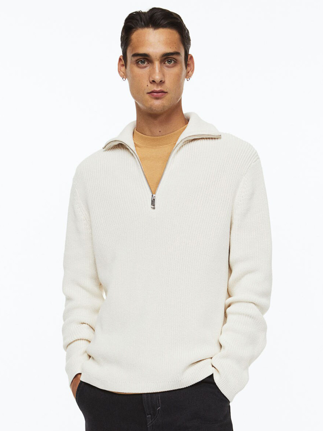 

H&M Men White Relaxed Fit Rib-Knit Zip-Top Jumper