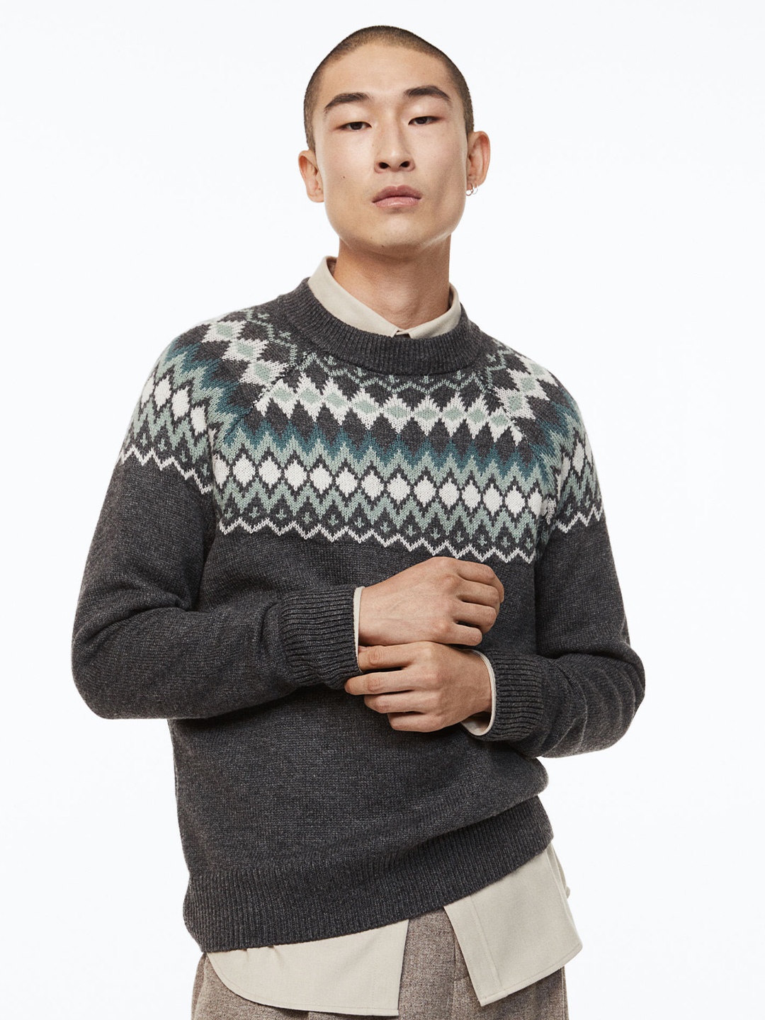 

H&M Men Grey Relaxed Fit Jacquard-Knit Jumper