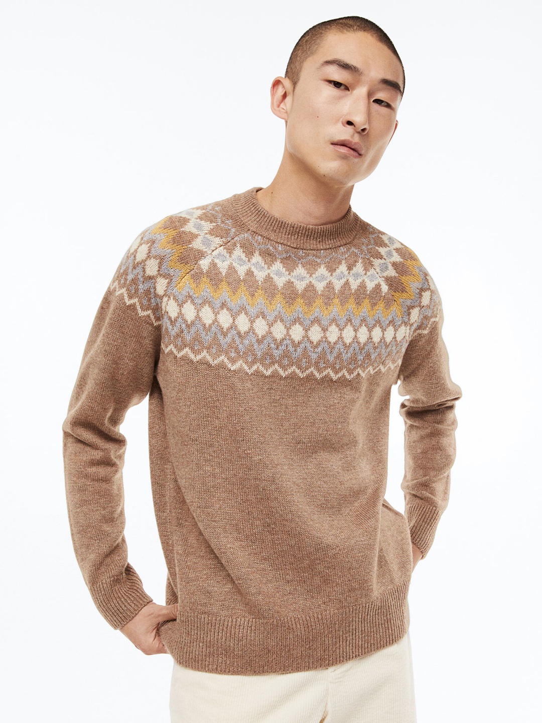 

H&M Men Beige Relaxed Fit Jacquard-Knit Jumper